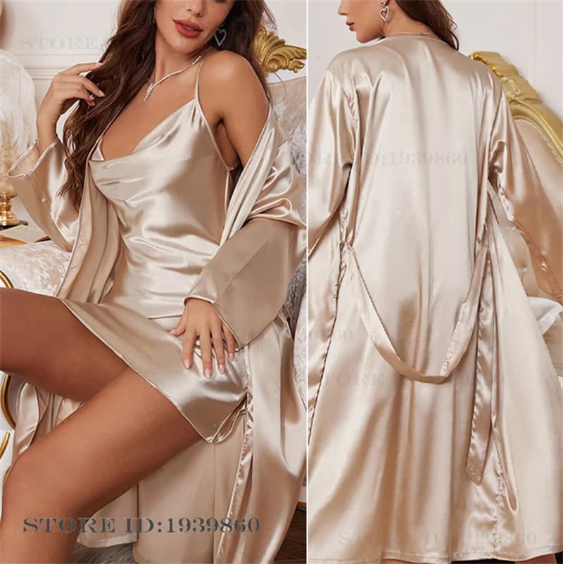 Champagne Raso di seta Sposa Abito da sposa Abito Set Reggicalze sexy Camicia da notte Lingerie Nuove donne Indumenti da notte Accappatoio Abito Homewear