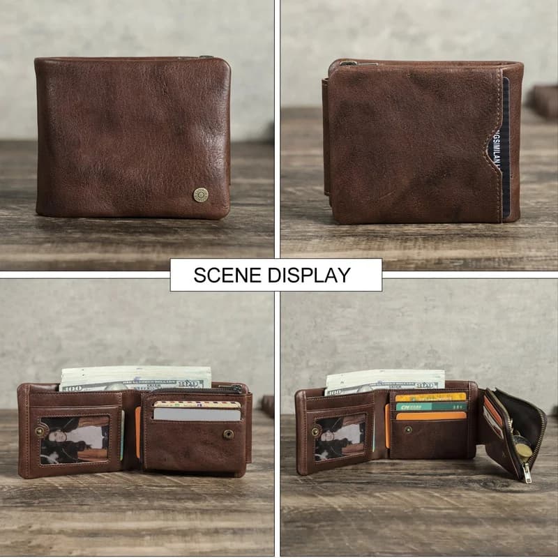 Portafoglio da uomo in vera pelle, strato superiore in pelle bovina, con protezione RFID antifurto, orizzontale, con slot multi-card e clip in vera pelle.