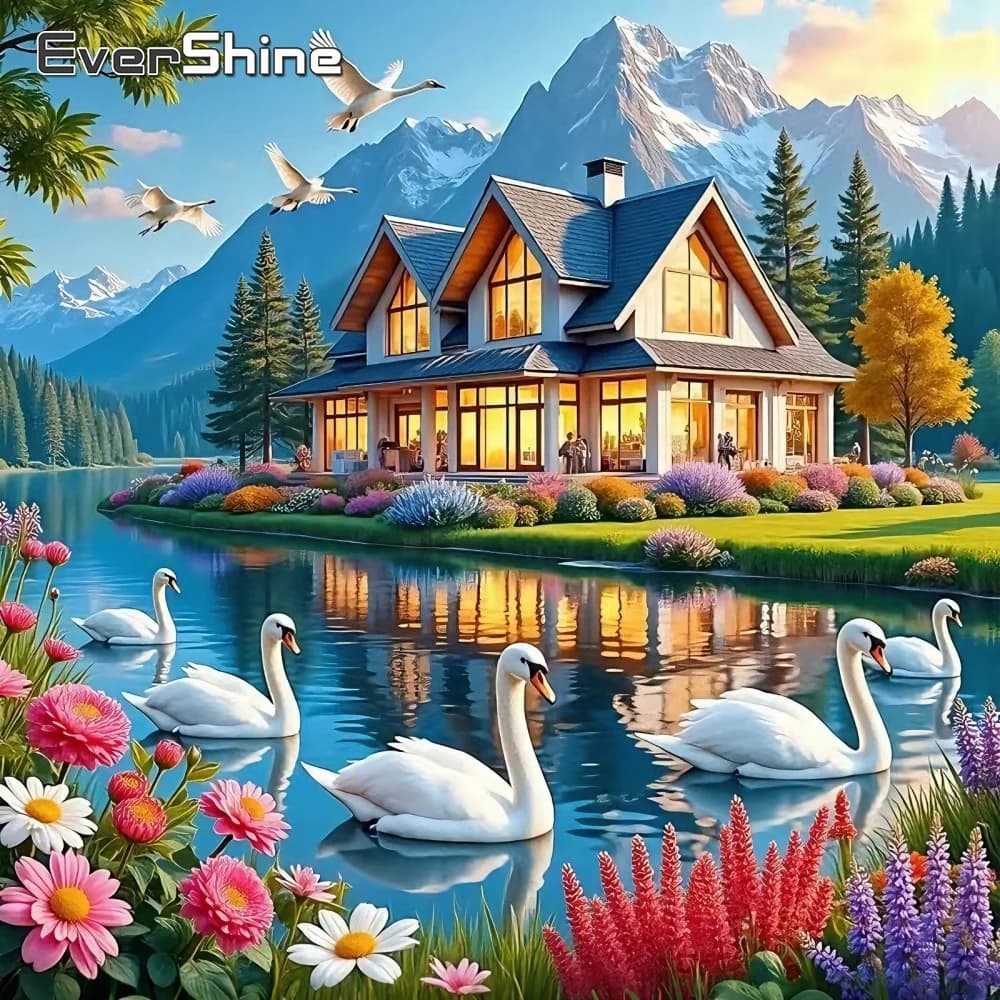 Evershine Landscape Diamond Mosaic House Cross Stitch Painting Swan Pattern For Adults Beginners Embroidery Mountain Home Decor