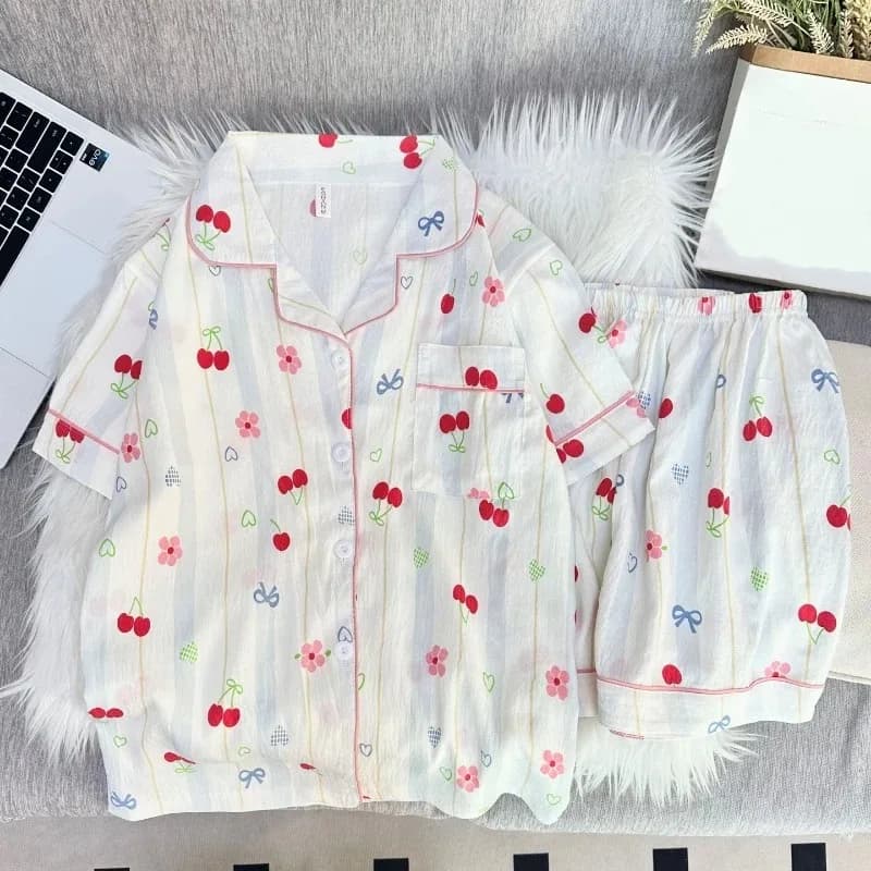 2026 New Summer Women Pajamas Set Cute Cherry Floral Print 2PCS Sleepwear Soft Casual Sweet Homewear Loungewear Summer Korean