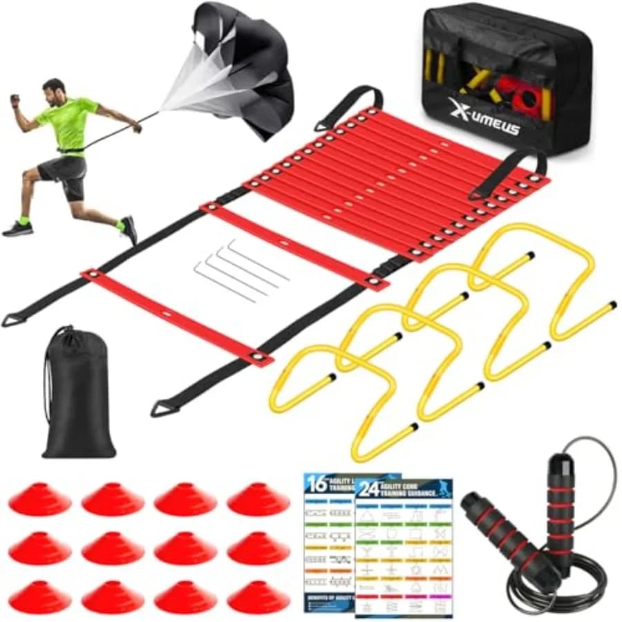 Set di Attrezzature per Allenamento di Agilità e Velocità - Scala per Agilità da 6 Metri, 12 Coni da Calcio, 4 Ostacoli, Corda per Saltare, Paracadute da Corsa, Pallacanestro