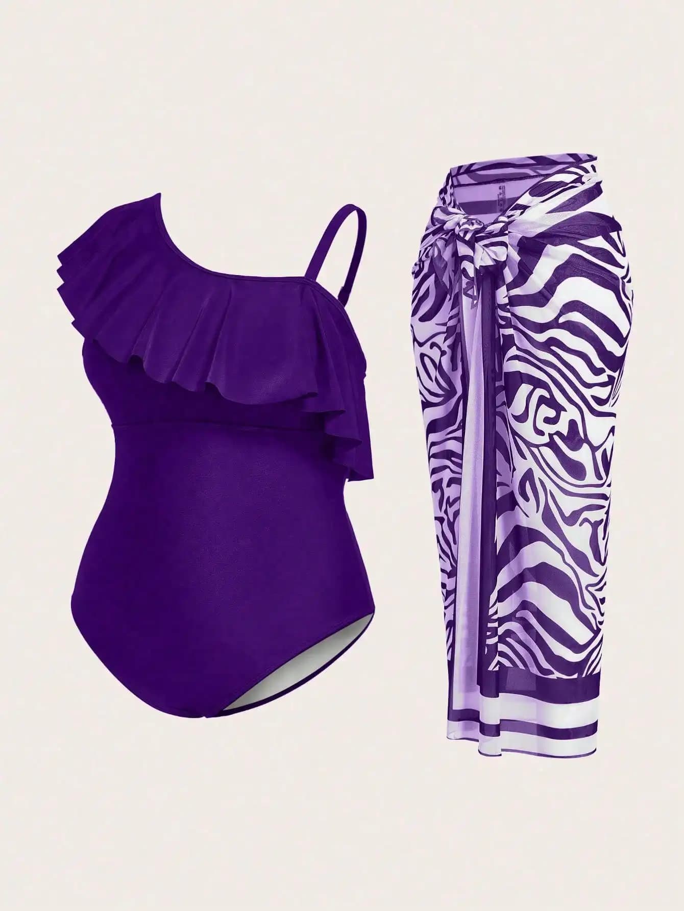 Asymmetrical purple whole swimsuit with volant and zebra print skirt