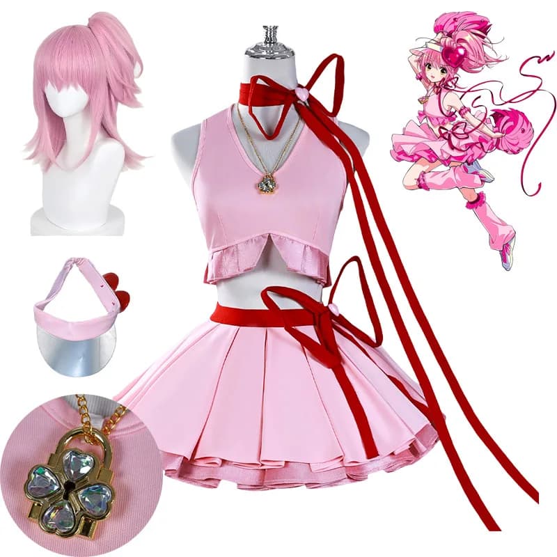 Costume Cosplay Anime Shugo Chara, Parrucca Hinamori Amu, Abito Rosa per Trasformazione, Costume per Festa di Halloween per Donne