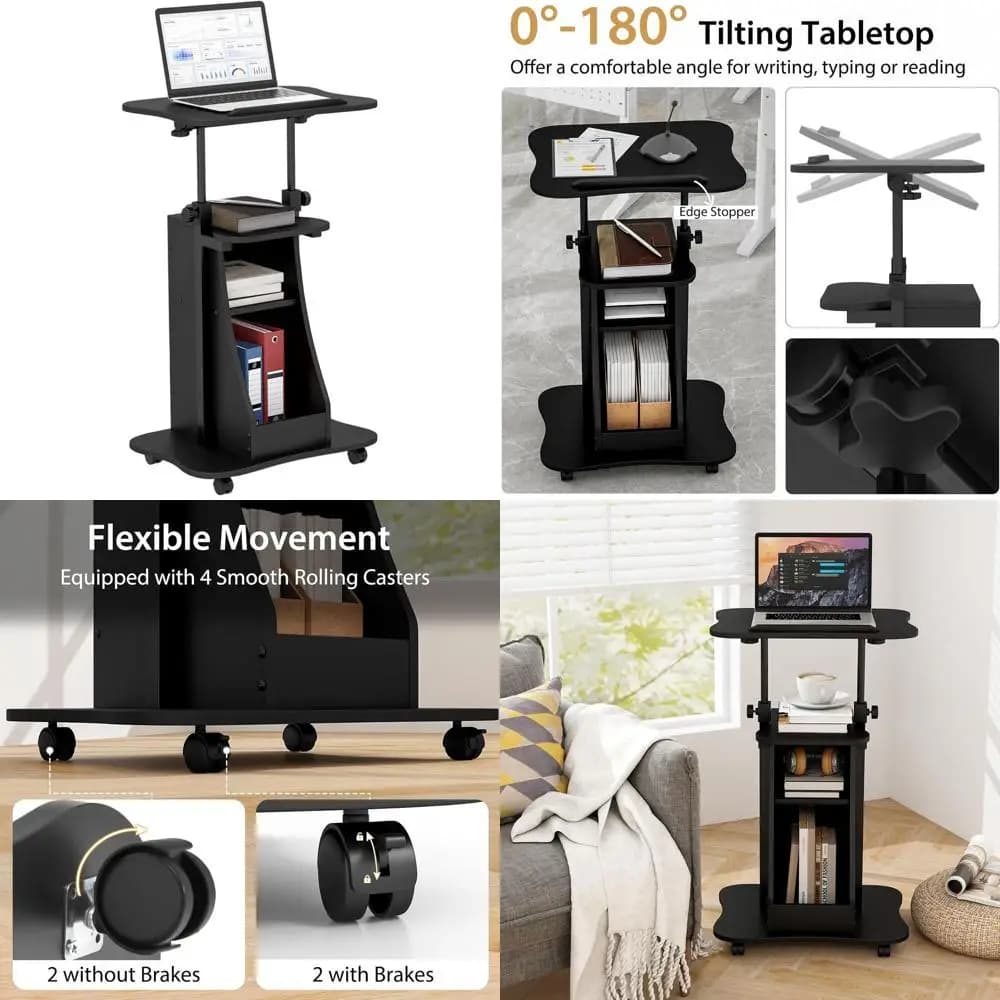 Carrello per laptop regolabile in altezza con piano d'appoggio e spazio di archiviazione per aula, chiesa o ufficio domestico, nero