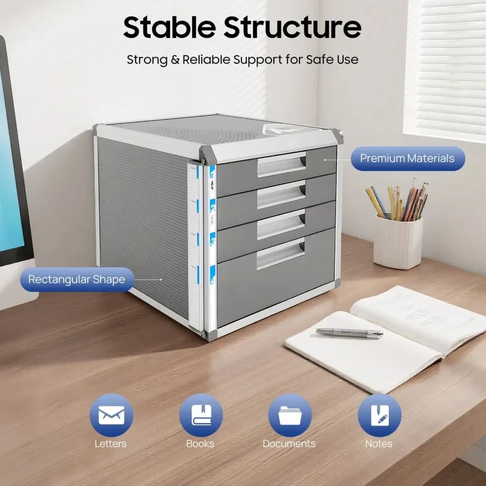 Organizzatore a 4 livelli in lega di alluminio con serratura, armadietto da scrivania grigio argento con 1 grande e 3 piccole scomparti, in MDF e plastica resistente