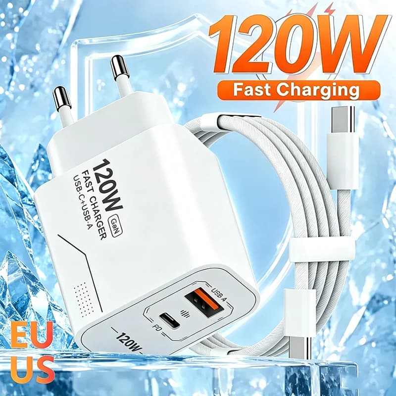 120W Charger GaN Fast Charging 2-Port Type-C USB Wall Adapter Phone Charger Compatible For iPhone Samsung Xiaomi With US/EU Plug