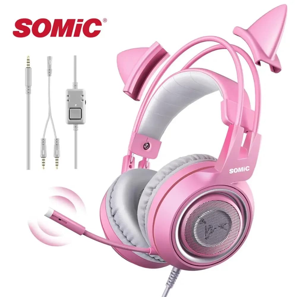 SOMIC G951s Cat Ear Headphones with 3.5mm Microphone Gamer Pink PC Cuffie with cute cat wired for PS4 Pink Phone Overear Gamer