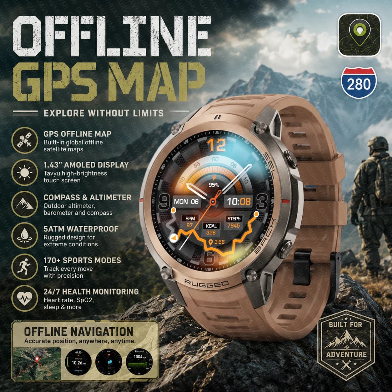New Military Men Outdoor GPS Smart Watch Compass Altimeter 5ATM Waterproof Sports Smartwatch Bluetooth Call Global Compatibility
