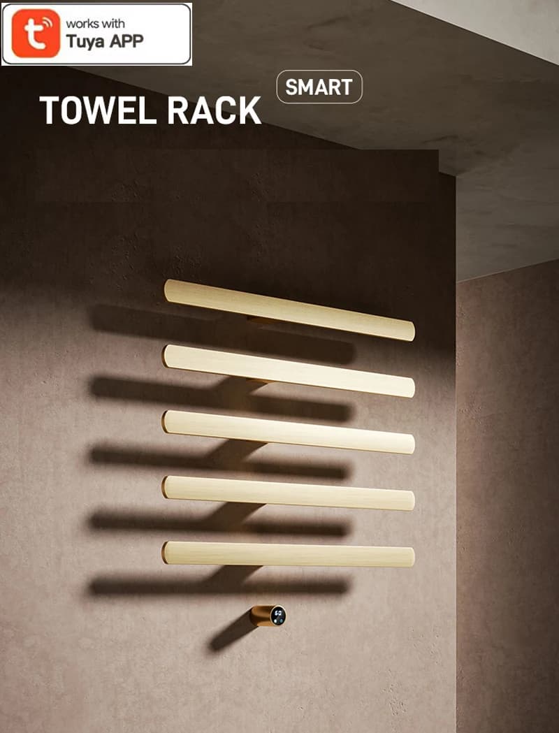 Brushed Gold Heated Towel Rack Intelligent Electric 3/4/5 Bars Design Works with Tuya App for Bathroom 2025 New Collection