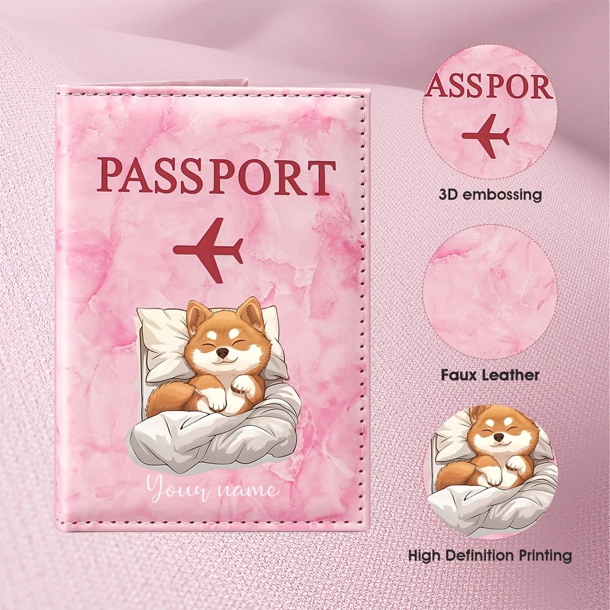 Custom Name Cute Shiba Inu Illustration Design Passport Holder, Warm Plush Texture Shiba Inu Nestled Pillow Scene Presents
