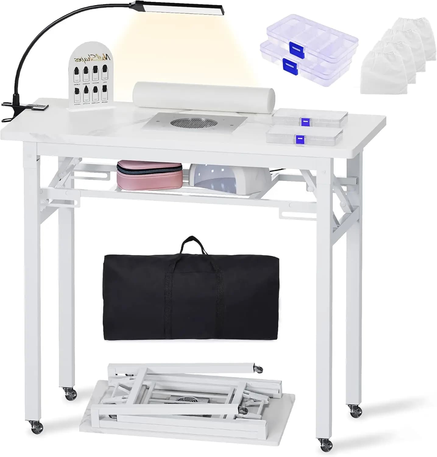 Portable & Foldable Manicure Table w/Dust Collector, Rolling Nail Tech Desk w/LED Light Lamp, Wrist Cushion, Lockable Wheels, Ca