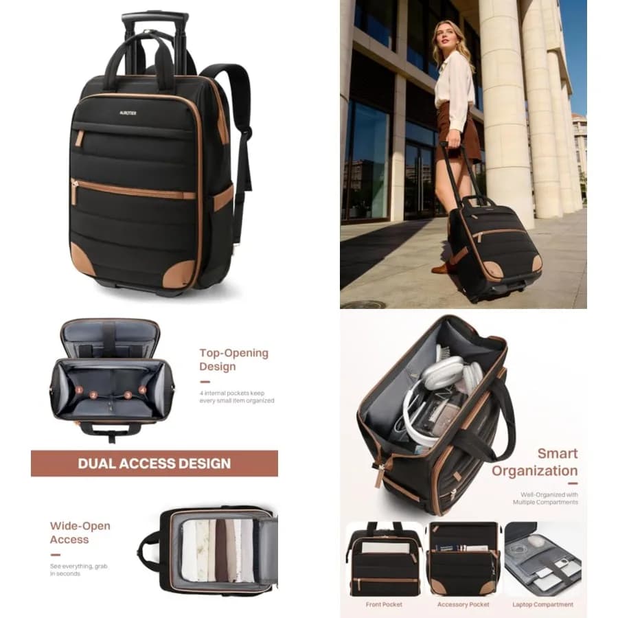 Zaino Trolley da Donna, Zaino da Viaggio con Ruote, Zaino per Laptop da 16 Pollici con Ruote, Design a Doppia Apertura per Pernottamento