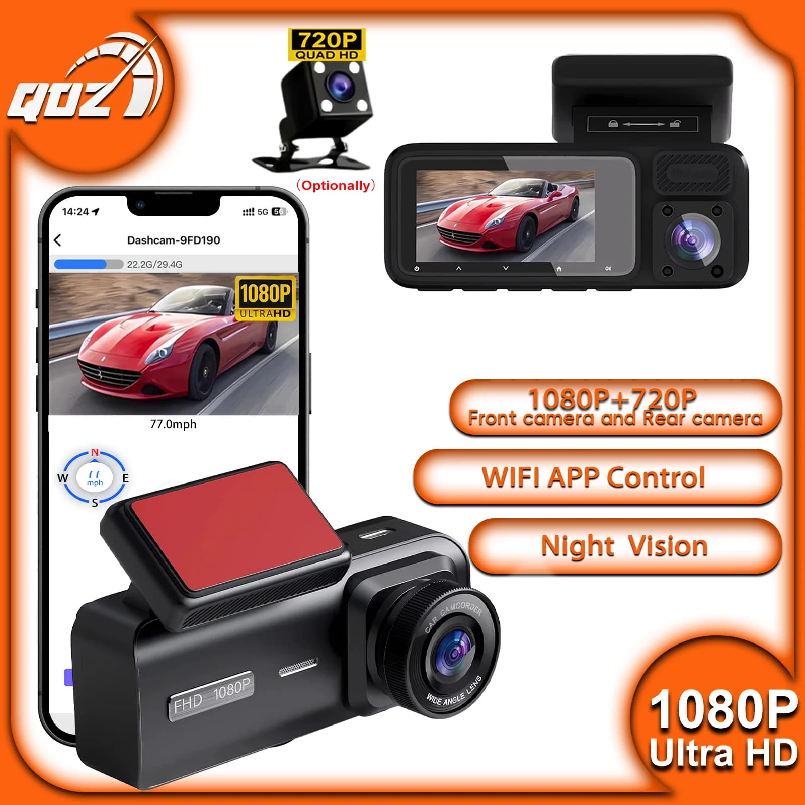 Dash Cam WIFI at 3 Channels HD 1080P, Video Camera for Car with Three Cameras Interior, Mini DVR Video Recorder, Dashcam
