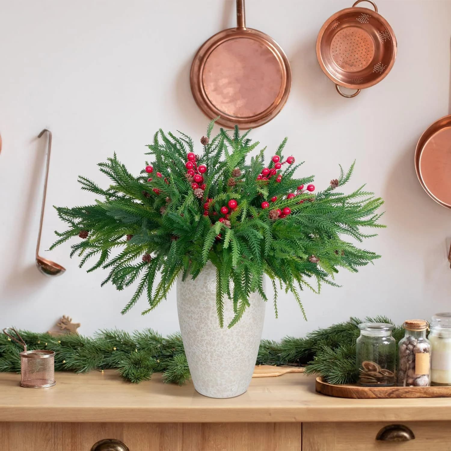 6 pieces of artificial pine branches realistic set of green christmas pine fake stems of evergreen wreath DIY decoration house for vacation