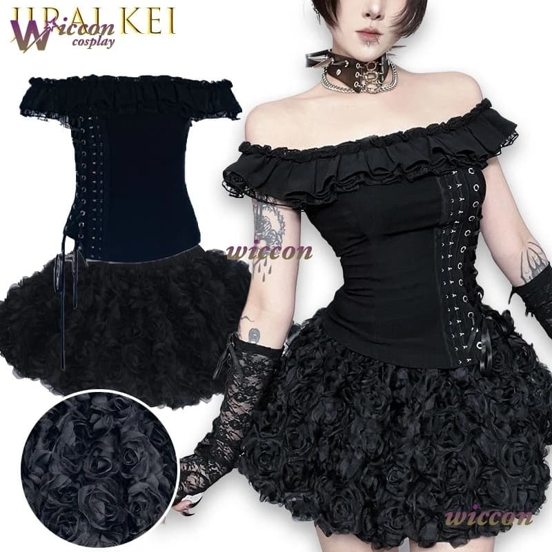 wonaa/ Gothic Lolita Dark Academia Top Corsetto con Scollo Quadrato e Minigonna Plissettata Streetwear Stile Y2k Gothic Dark Lolita Jirai Kei