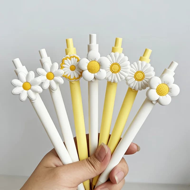 5pcs White Sunflower Themed Click Ballpoint Pens, Back-to-School Season, Suitable for School, Office, Black Ink, Smooth Writing.