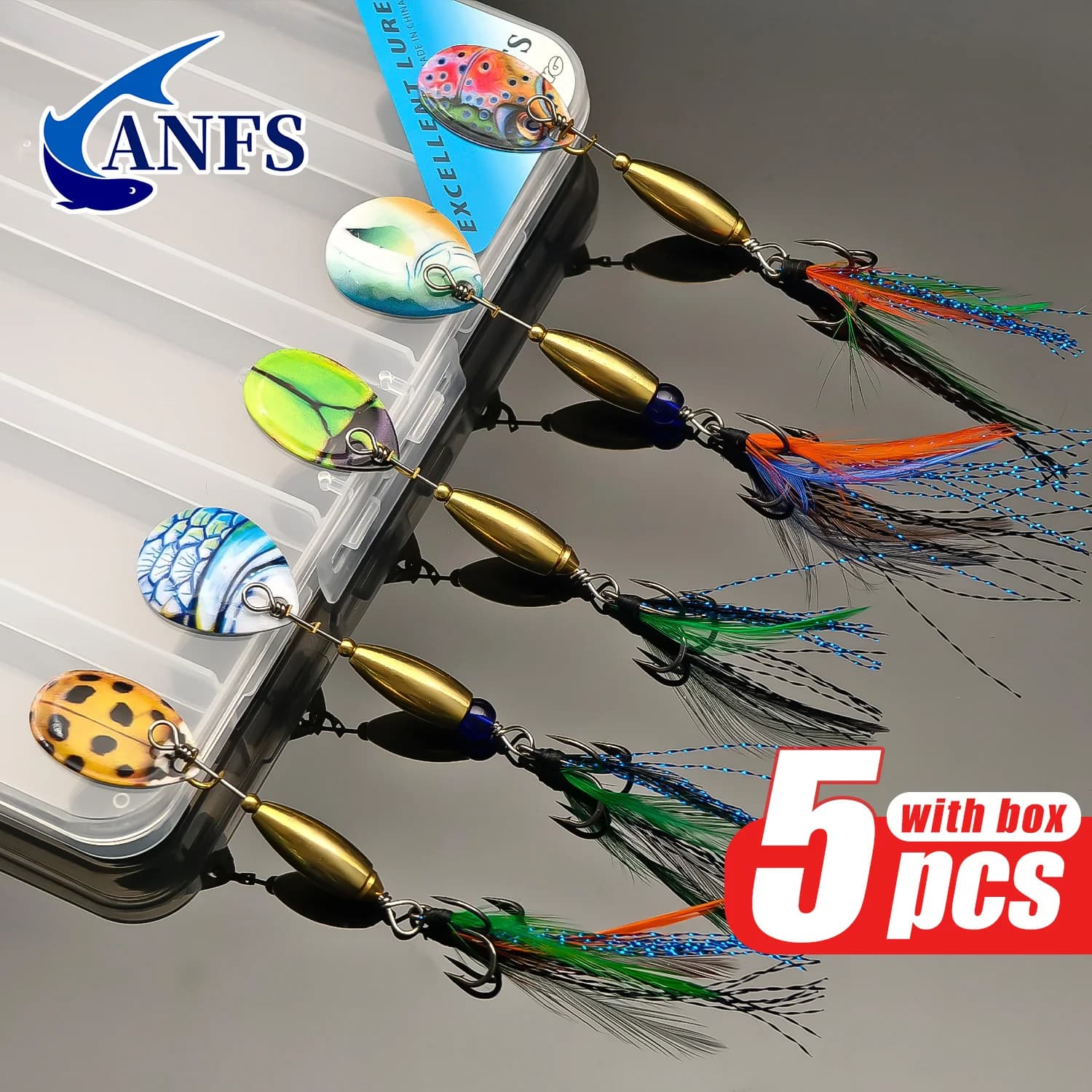 ANFS 5 pezzi Kit esca da pesca in rame - Esca artificiale Premium Spinner per spigola, Tout, testa in acciaio, luccio, regalo di pesca per pescatore