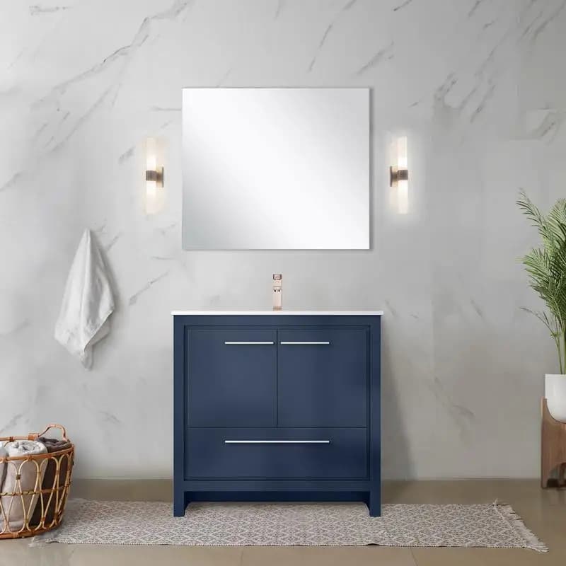 Vanity da bagno blu navy 36"L x 20"D, piano in quarzo bianco, set di rubinetti in oro rosa e specchio da 28" - Elegante aggiornamento per il bagno con elegante