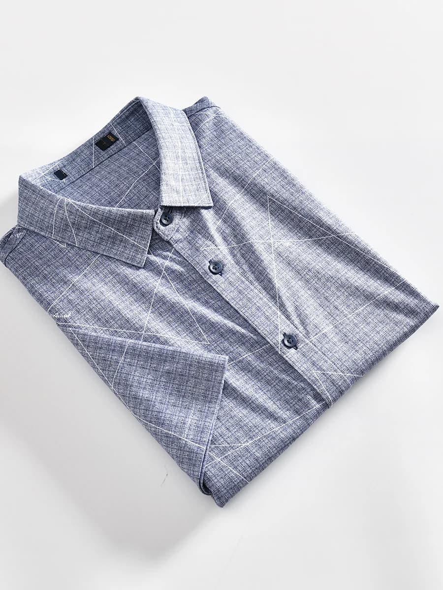 Cool Silk Cotton Geometric Print Short Sleeve Men's Business Casual Shirt Breathable Moisture Wicking Standard Fit Youth Popular