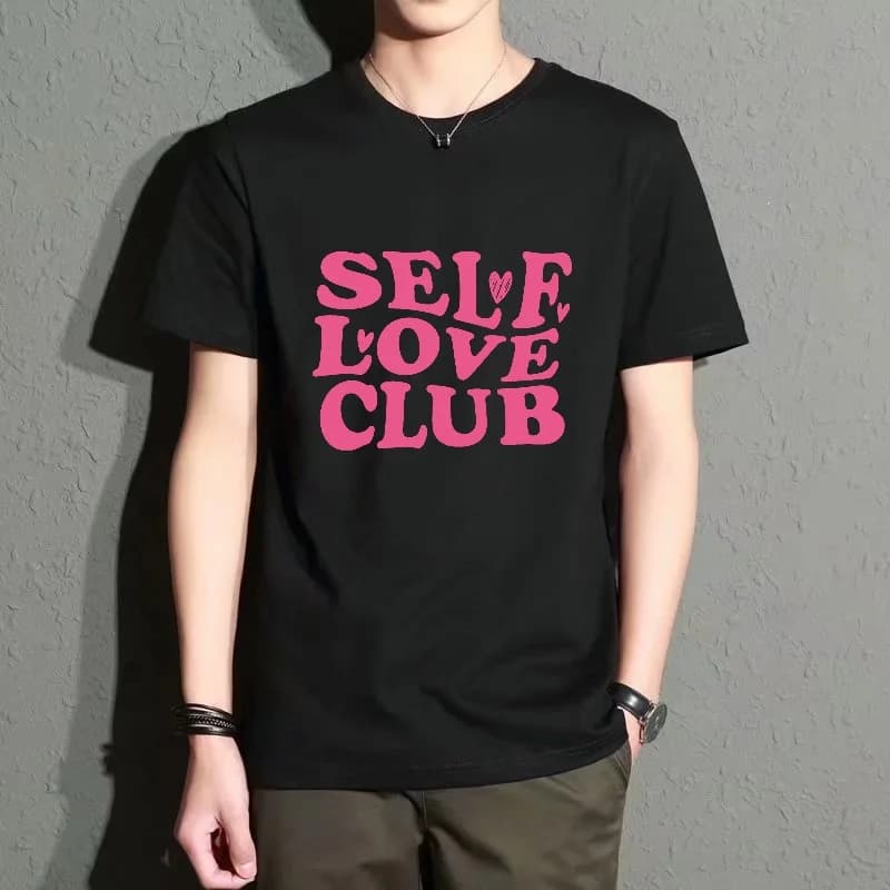 Men's Black Round-Neck Short-Sleeved T-Shirt with Pink Self Love Club Lettering Print, Casual Street Style Top, Comfortable and Versatile Trendy Item for Everyday Wear