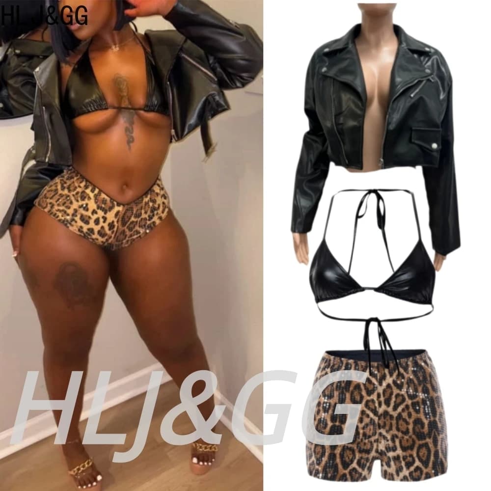 HLJ&GG Set 3 Pezzi in Pelle Nera Sexy con Giacche Traforate da Donna: Gilet con Scollo a V + Cappotto Corto a Maniche Lunghe + Pantaloncini Leopardati con Paillettes