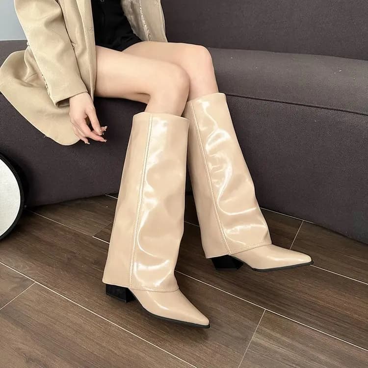 2025 Primavera Nuovi stivali europei e americani a punta con tacco grosso Stivali a gamba lunga Moda donna Stivali a gamba alta Stivali moda con tacco alto