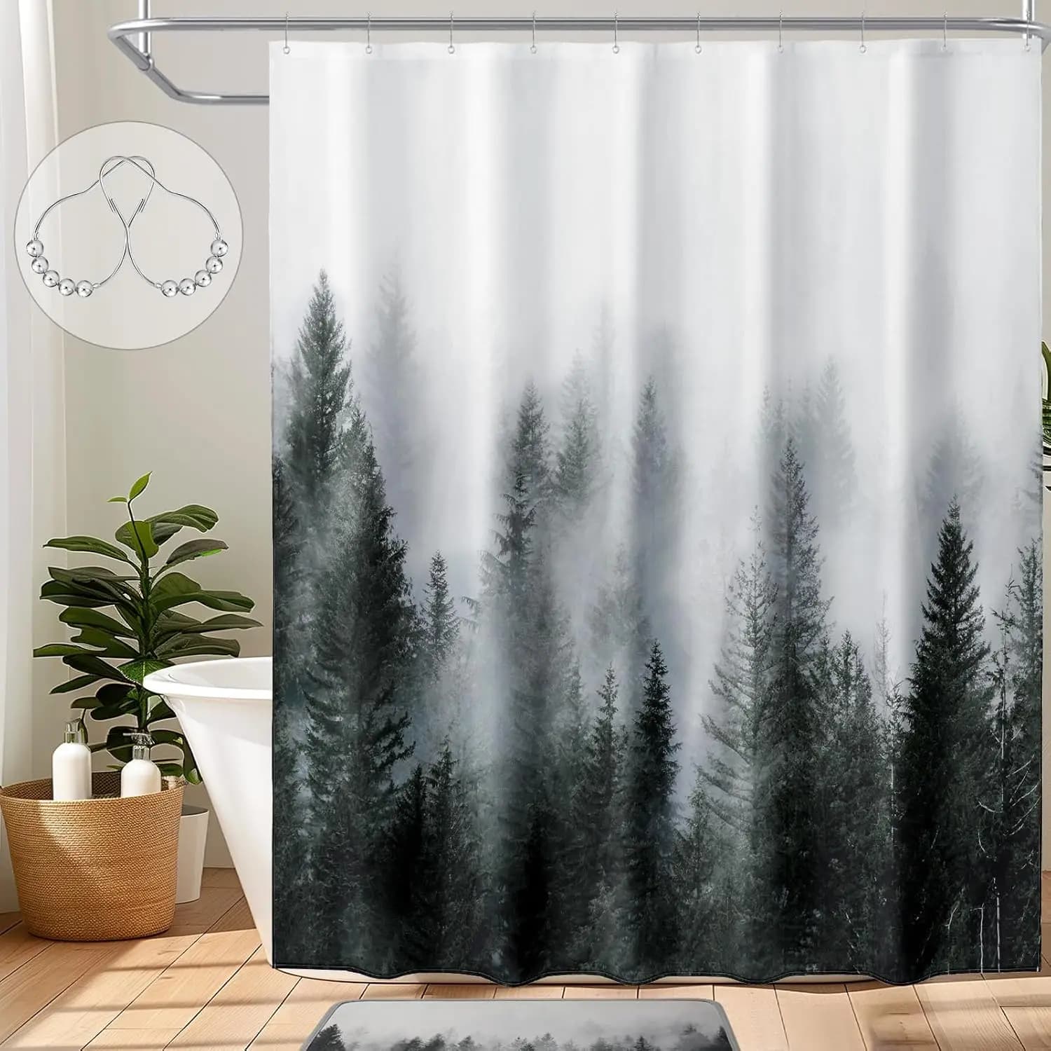 Tenda da doccia verde scuro con motivo foresta nebbiosa, con ganci, tessuto impermeabile, pesante 72x72 per l'arredamento del bagno