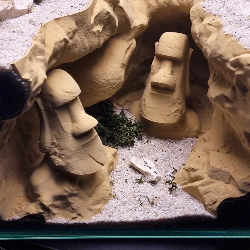 Simulated Rock Cave with Undulating Substrate Sand Terrain,Easter Island Heads Themed Aquascape,Hiding House for Fish & Shrimp