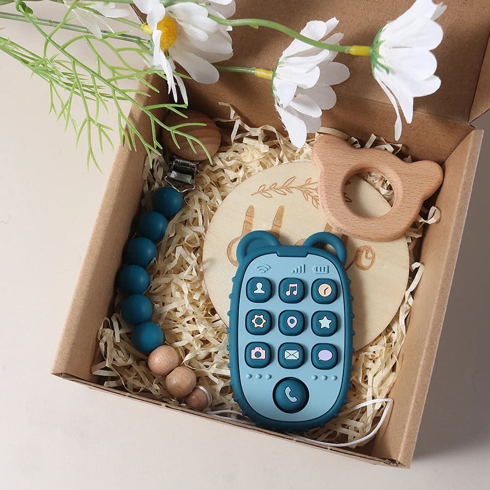 2025 4 pezzi catena ciuccio BAMBINO SET REGALO massaggiagengive mobile in silicone massaggiagengive orso in legno oggetti di scena per fotografia