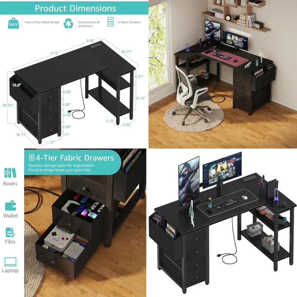 Scrivania per computer a forma di 47 L con cassetti e portaoggetti, presa di corrente, nera per ufficio domestico e giochi