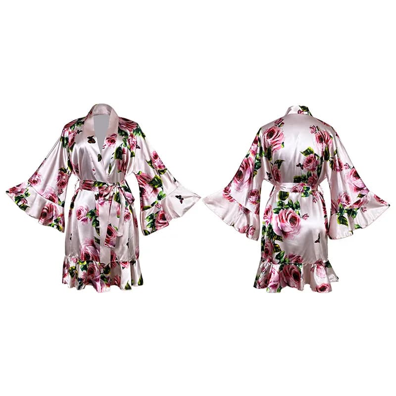 Women Floral Print Satin Kimono Robe V Neck Flare Sleeve Ruffle Hem Self Tie Waist Short Ladies Bathrobe Loungewear Elegant HRC4