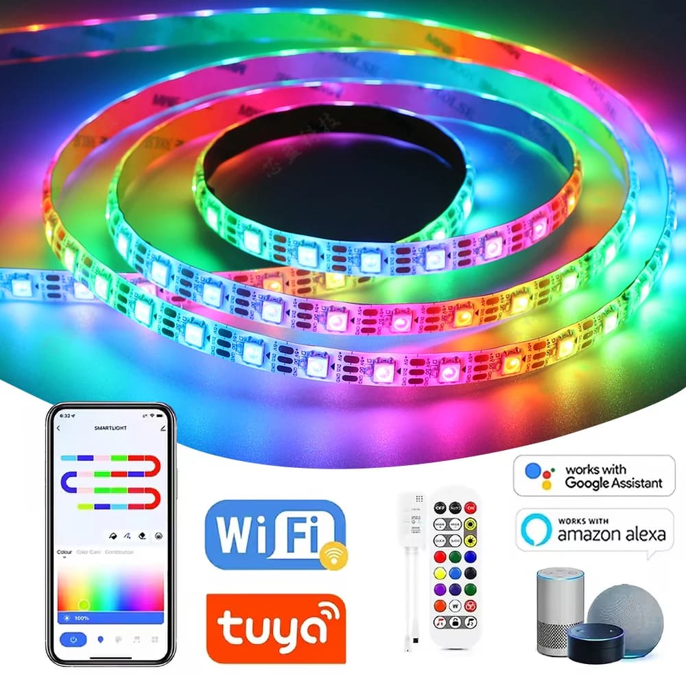 Striscia LED WS2812B TUYA Wifi RGBIC con Controllo APP, Effetto Inseguimento, Indirizzabile, DC5V, Compatibile con Alexa e Google