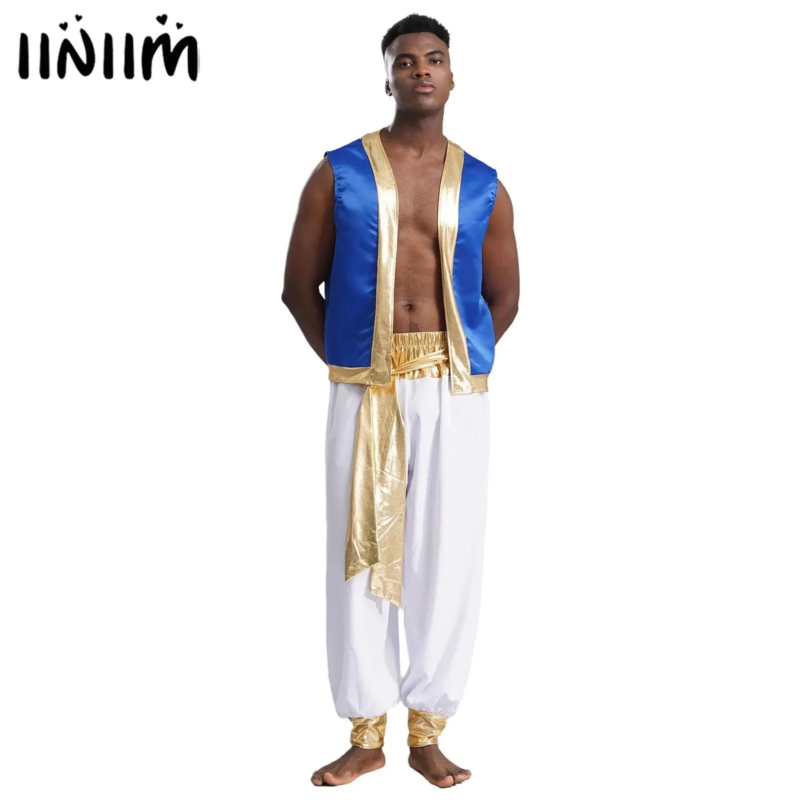 Costume da Principe Arabo per Uomo Adulto, Outfit da Capitano per Cosplay, Gilet Lucido con Bordo Brillante e Pantaloni Lunghi con Cintura