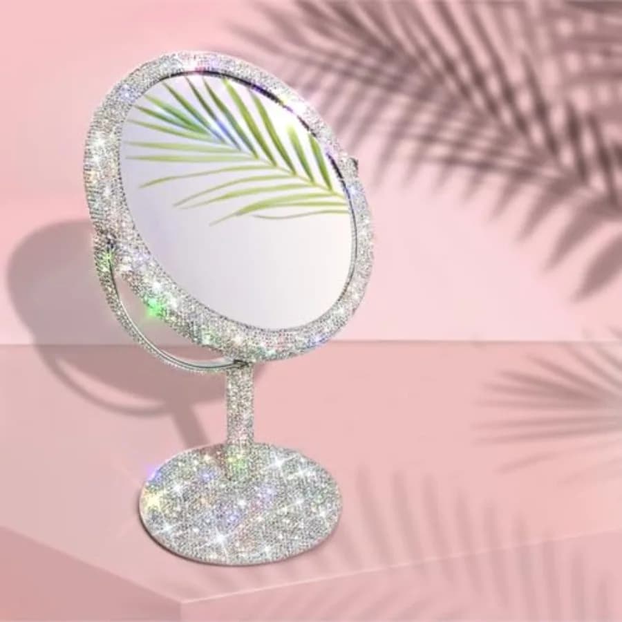 Specchio da Trucco Lussuoso con Strass - Specchio Bifacciale con Supporto, Cristalli e Strass, Portatile per Scrivania, Bagno, Camera da Letto, Ingrandimento 2X