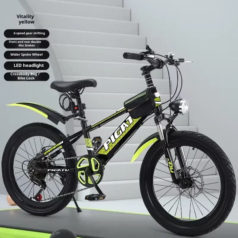 Adults & Children's Off-Road Mountain Bike with Dual Disc Brakes LED Front Light Tire Variable Speed for Students