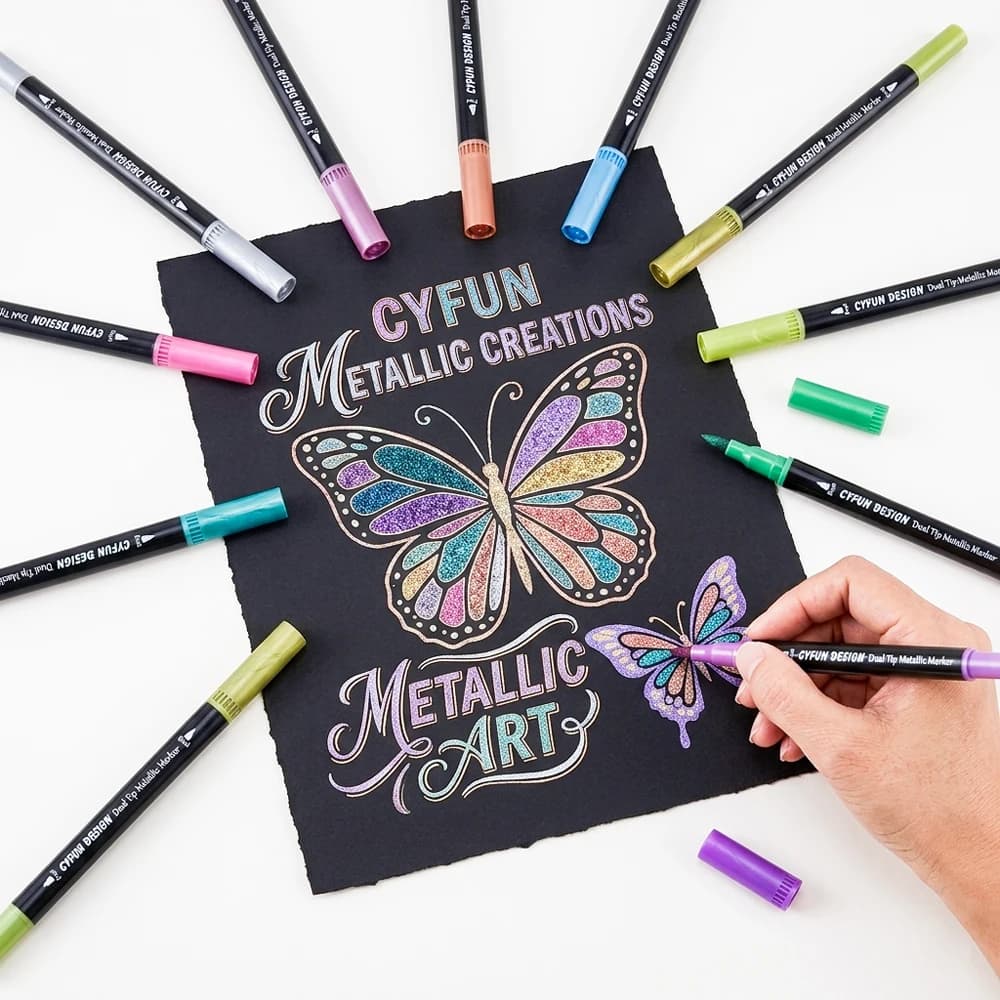 Dual-Tip Metallic Acrylic Markers,2-in-1 Fine & Brush Tip Paint Pens for Black Paper,Rock Painting,Ceramic, Wood,Glass Crafts