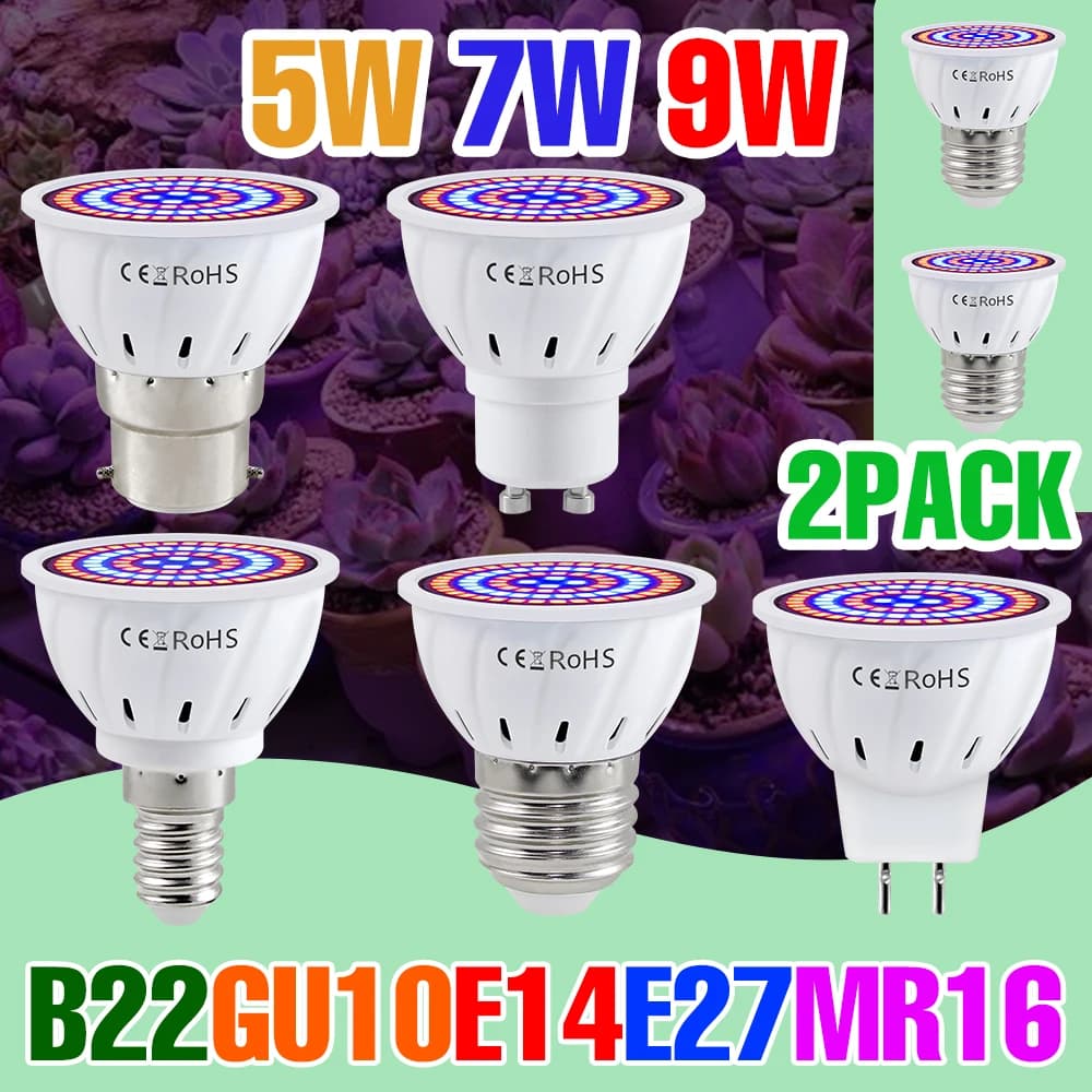 2 Pieces Lampadina LED 9W E27/E14 for Cultivation Plants, Complete Spectrum Lamp GU10, MR16 220V Lampadina for Interior B22 for Flowers in Vase