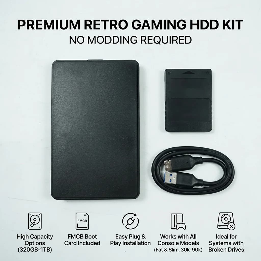 Disco Rigido Esterno per Giochi PS2 - HDD con Scheda di Avvio FMCB - Compatibile con Console Fat e Slim (320GB / 500GB / 1TB)