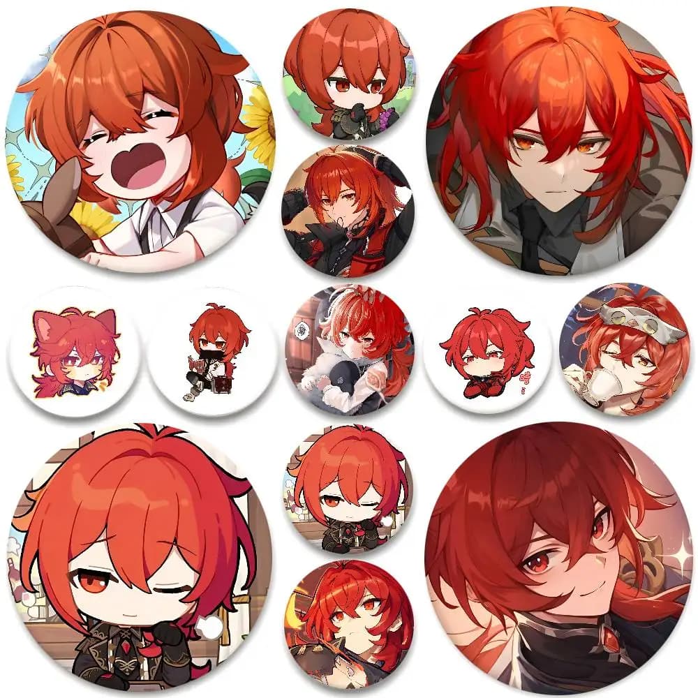 Game Anime Diluc Cute Genshin Impact Round Badge Creative Brooch Clothing Backpack Accessories Lapel Pin