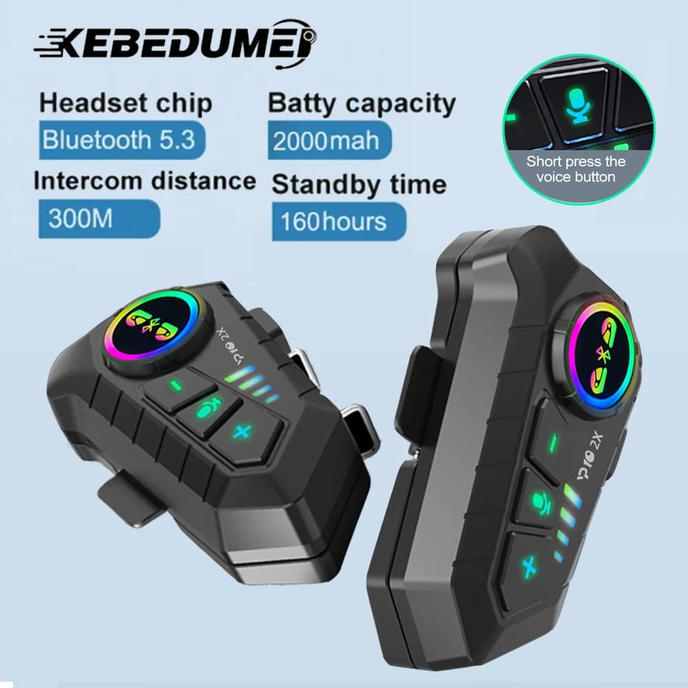 KEBIDUMEI 1/2x Motorcycle Intercom Headset Helmet BT 5.3 For 2 Riders Intercommunicator 300M Waterproof Music Sharing Interphone