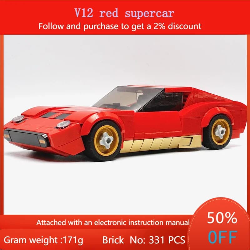 331 Parts City Speed MOC Building Block Model V12 Red Supercar Toy For Boys Adults Children Christmas Holiday Gift