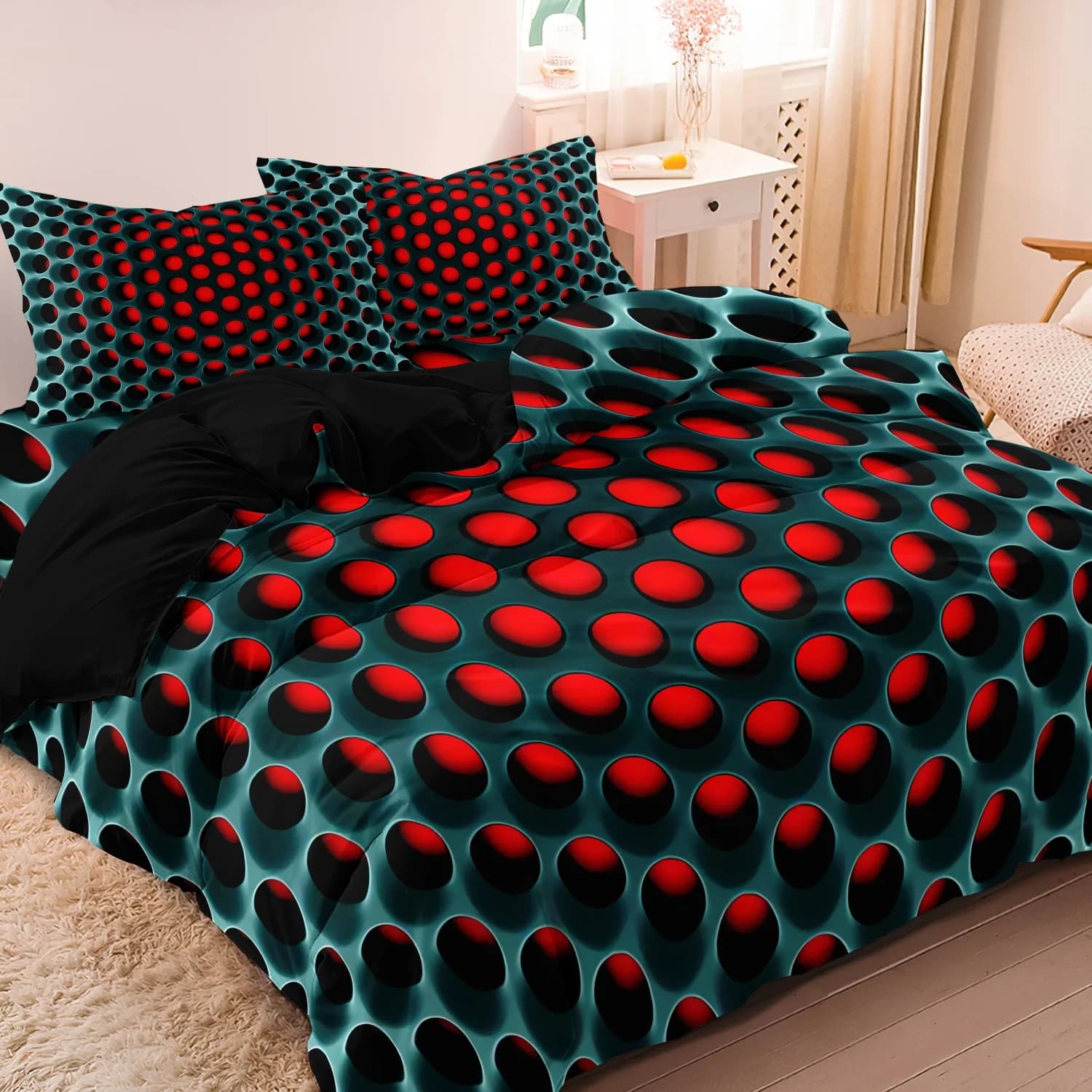 Set Copripiumino con Stampa Geometrica a Cerchi Sfumati in Verde Acqua (1 Copripiumino + 2 Federe) per Casa, Dormitorio, Camere da Letto, Hotel