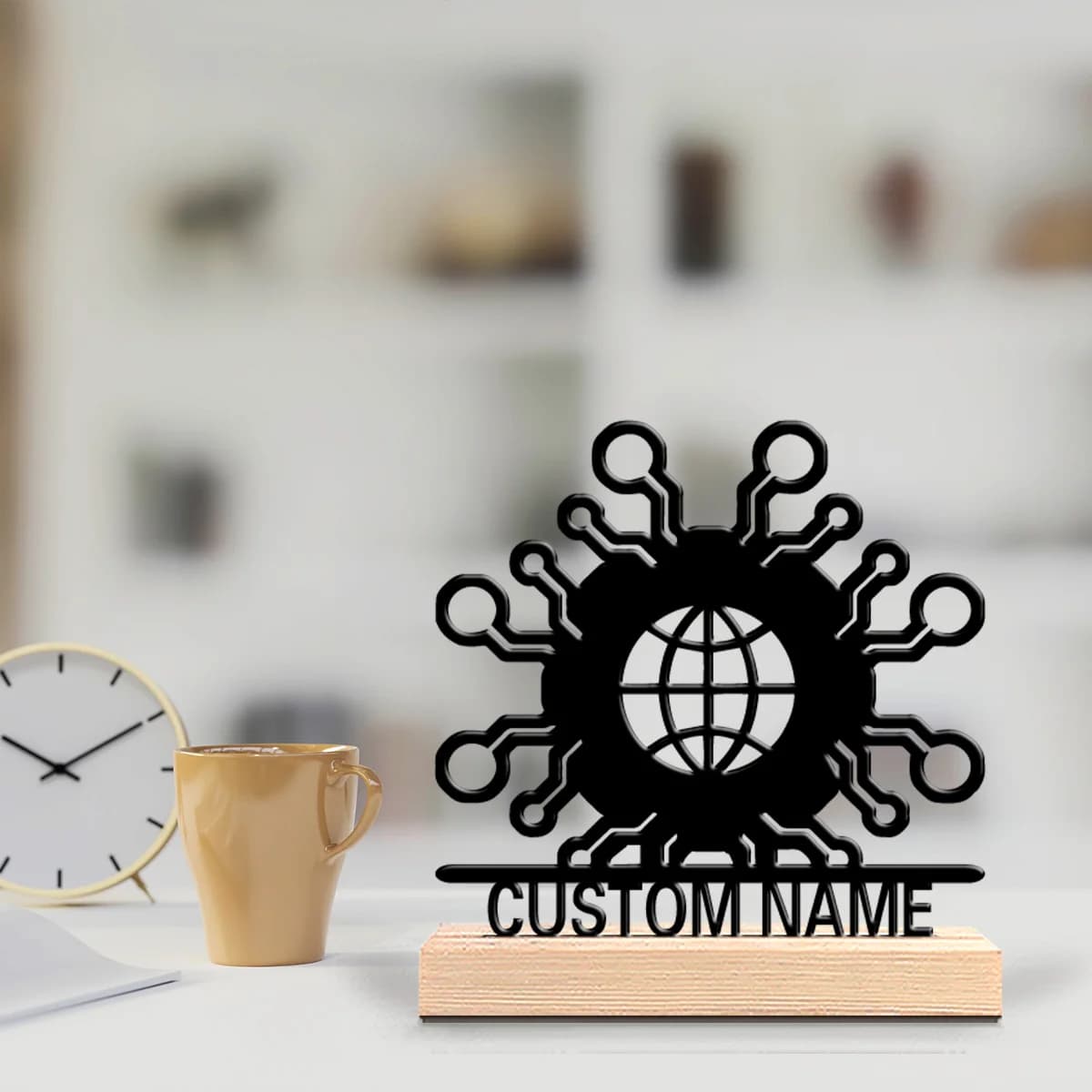 1 pz. Nuovo Design Personalizzato Scultura da Tavolo in Metallo con Rete Globale e Base in Legno, Decorazione da Scrivania