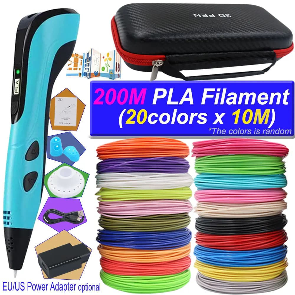 2026 Set di penne 3D per bambini Penna da stampa 3D con schermo LED 200M PLA Adattatore di alimentazione Scatola da viaggio Regalo di compleanno di Natale per i bambini