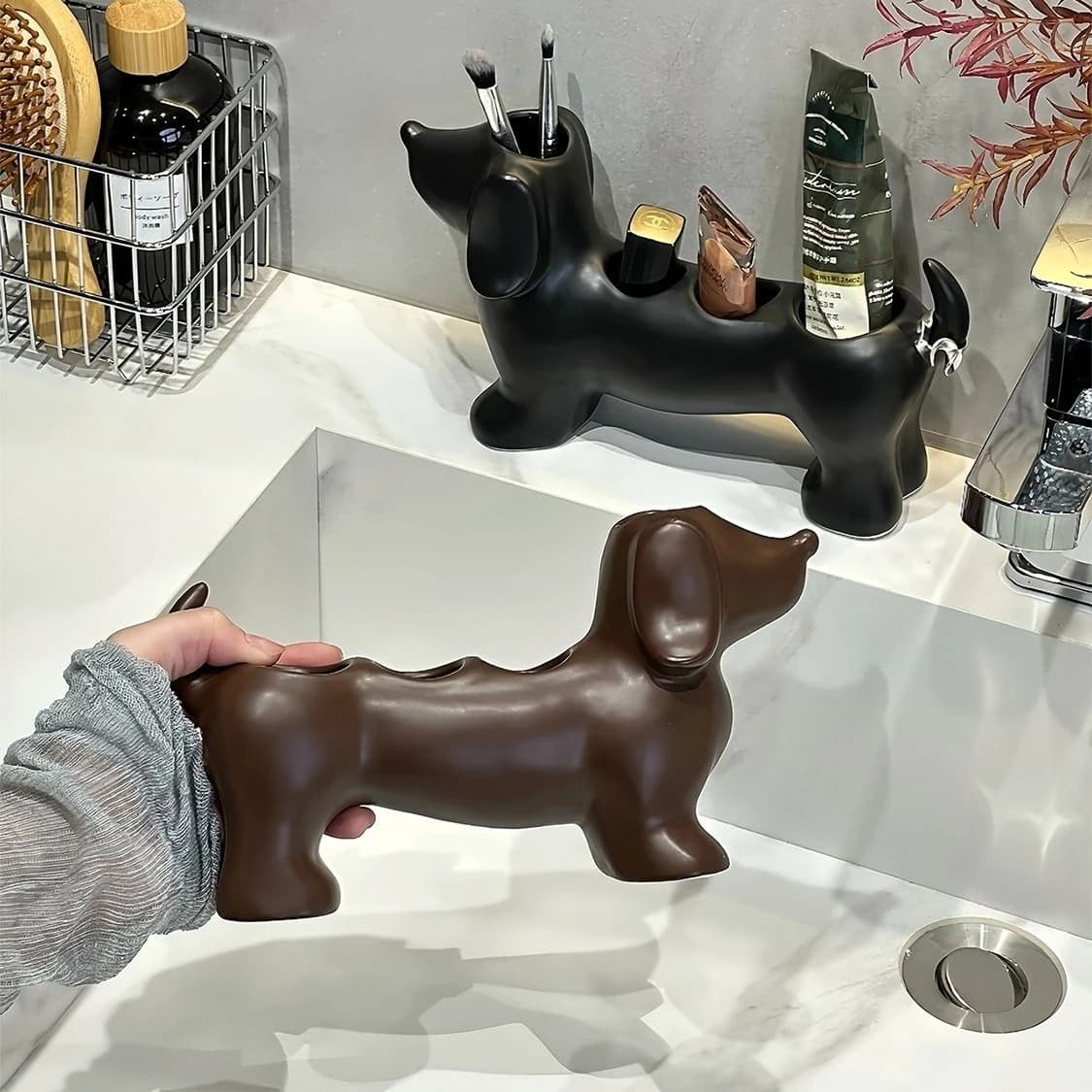 Portaspazzolino Elettrico Creativo a Forma di Bassotto in Ceramica, Portaoggetti per Dentifricio e Spazzolini da Denti per Tavolo da Bagno