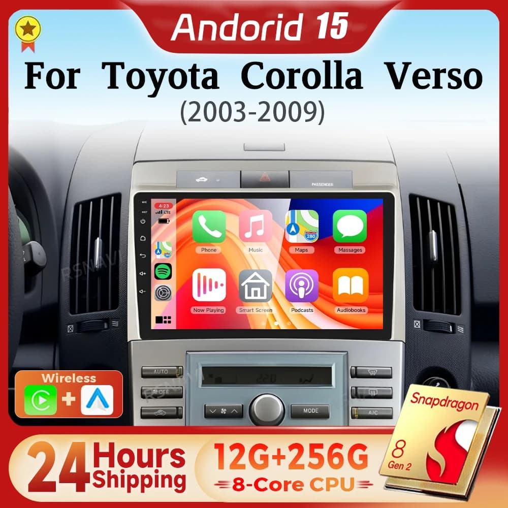 Android 15 Qualcomm Carplay Auto 2K Schermo Autoradio Lettore Multimediale Per Toyota Corolla Verso AR10 2004 - 2009 BT Snapdragon
