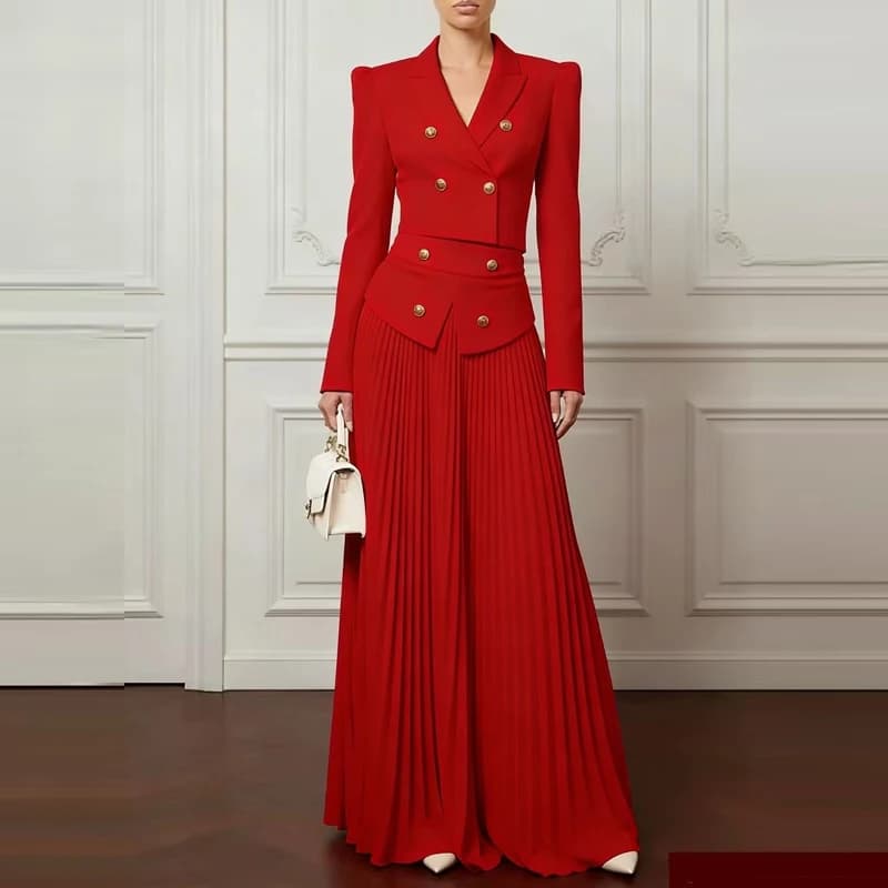 Nuovo Completo Elegante da Donna 2026: Cappotto con Bottoni e Gonna Lunga Plissettata, Set da Ufficio Primaverile, Tinta Unita, per Feste