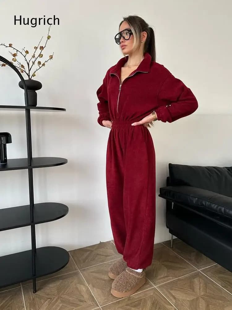 Women's Long Sleeve Zip Up Hoodie Jumpsuit with Elastic Waist and Pockets, Casual Loose Fit Sweatpants Romper for Autumn
