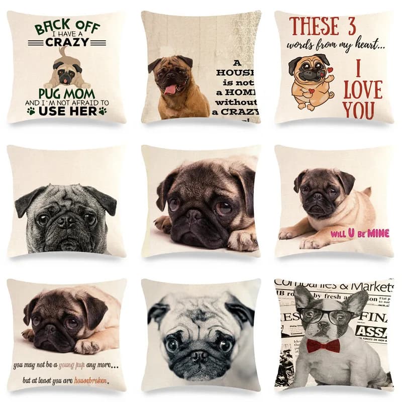 Simpatico animale domestico Pug cane Stampa digitale corto peluche fodere per cuscini decorativi per auto divano ufficio fodera per cuscino articoli per la casa 60x60 cm