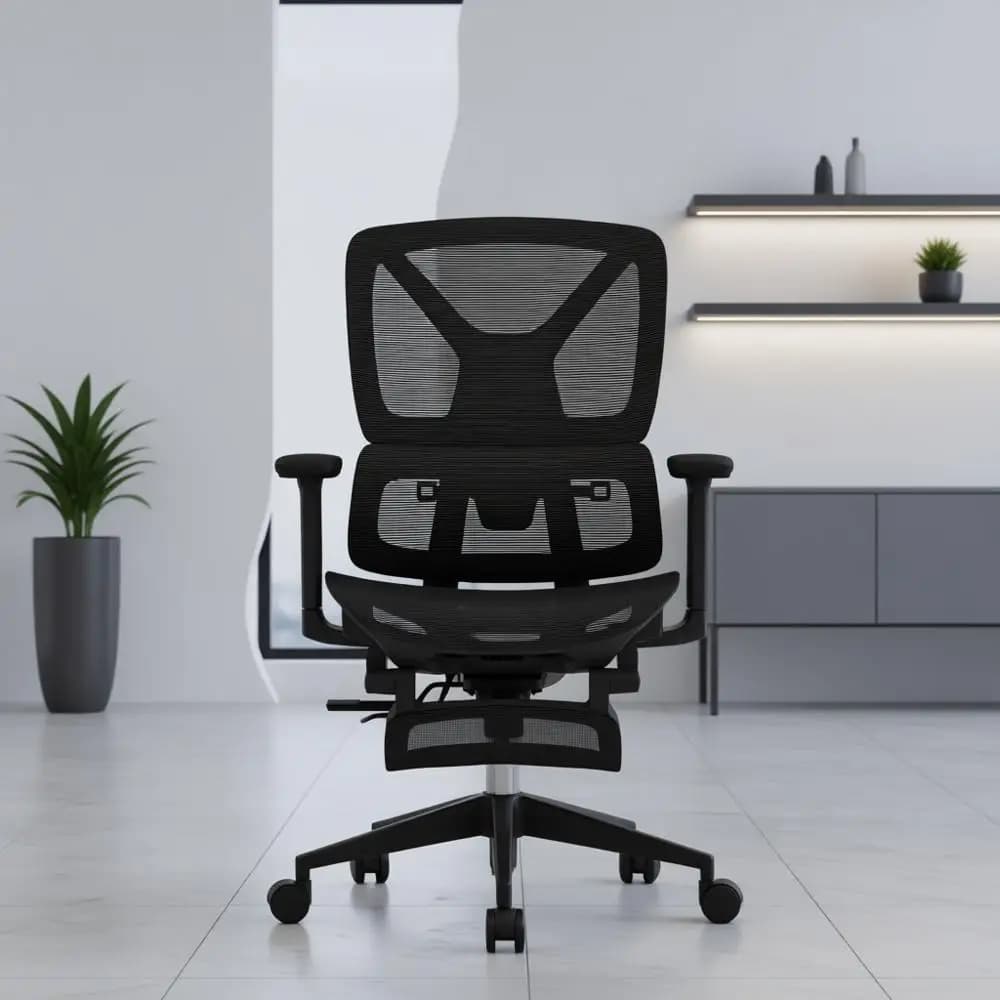 Sedia da ufficio ergonomica girevole con supporto lombare 2D, poggiapiedi, poggiatesta 3D, base in metallo, sedile in rete, resistente, nera